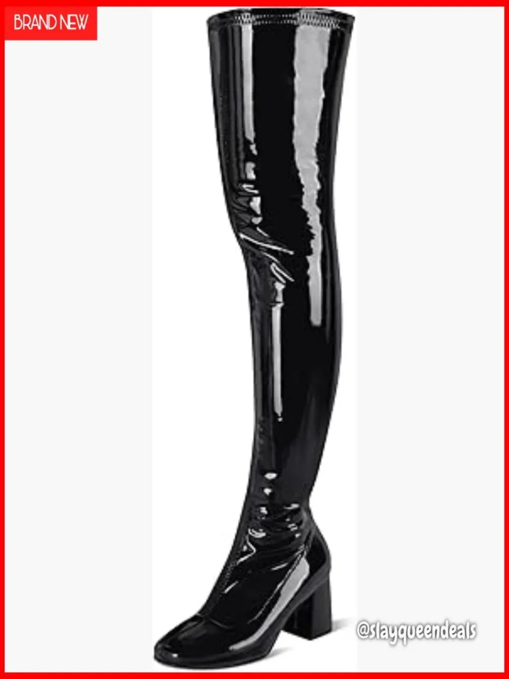 Patent Leather Over-the-Knee Boots Chunky Heel Square Toe Side Zipper